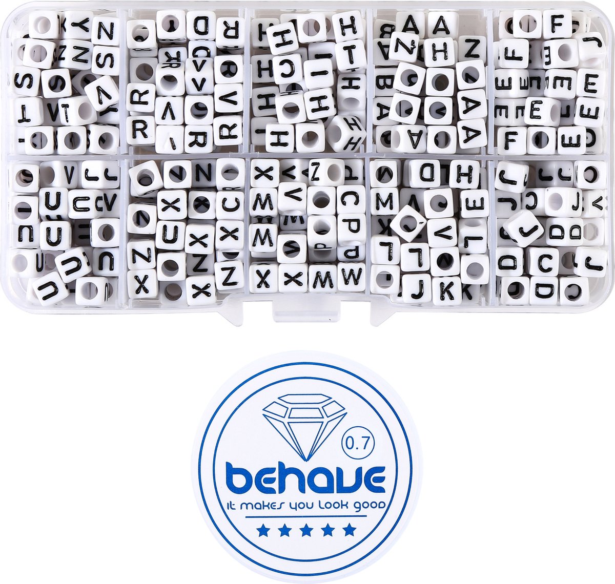 Behave Vierkante Letterkralen Set - Wit met Zwarte Letters - Acryl - Kralen - Alfabet Kralen - 6mm - 390 Stuks