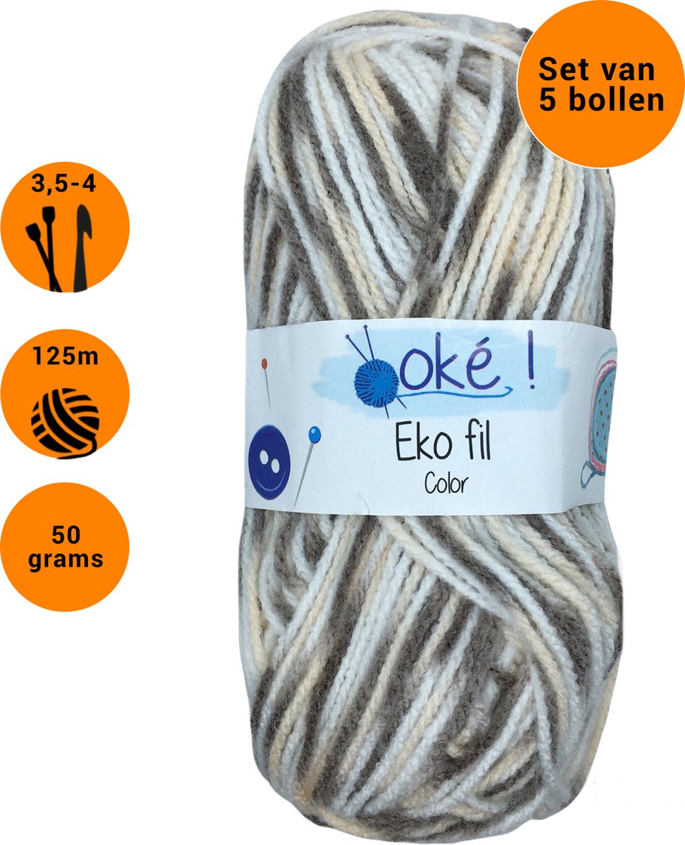 Eko Fil - 5 bollen gemêleerd acryl garen - bruin/ecru/roze pastel (304) - pendikte 3,5/ 4 mm.