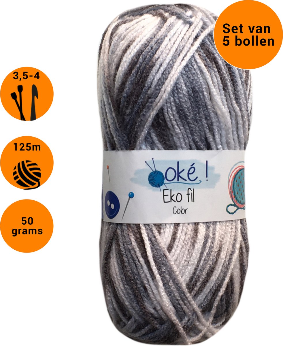 Eko fil - 5 bollen grijstinten (307) - gemêleerd acryl garen - pendikte 3,5/4 mm.