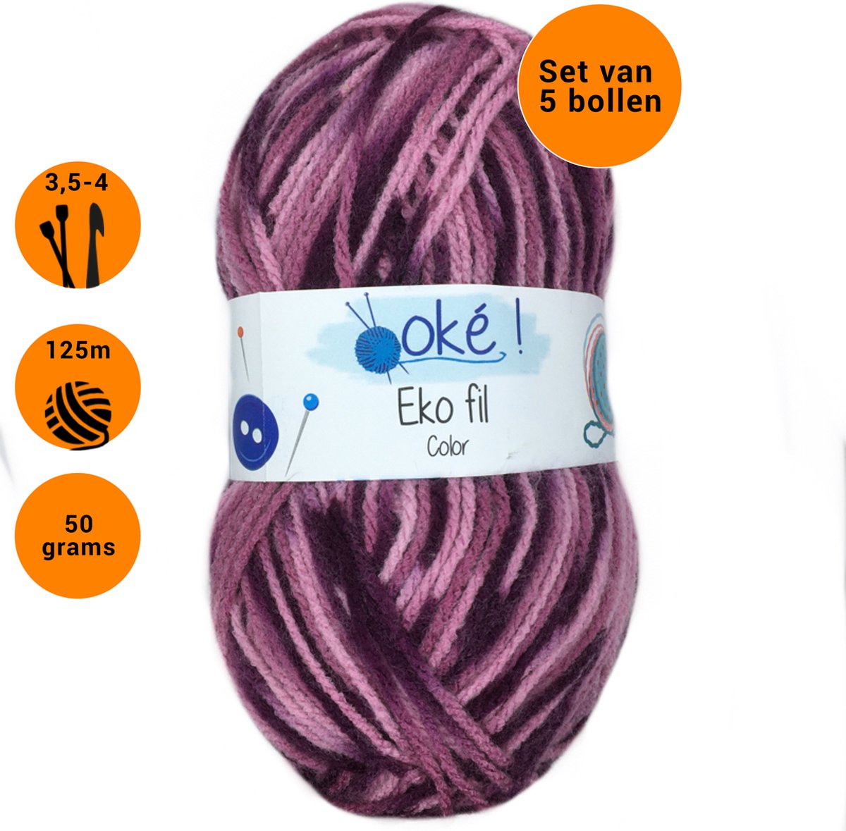 Eko fil - 5 bollen paars/roze (322) - gemêleerd acryl garen - pendikte 3,5/4 mm.