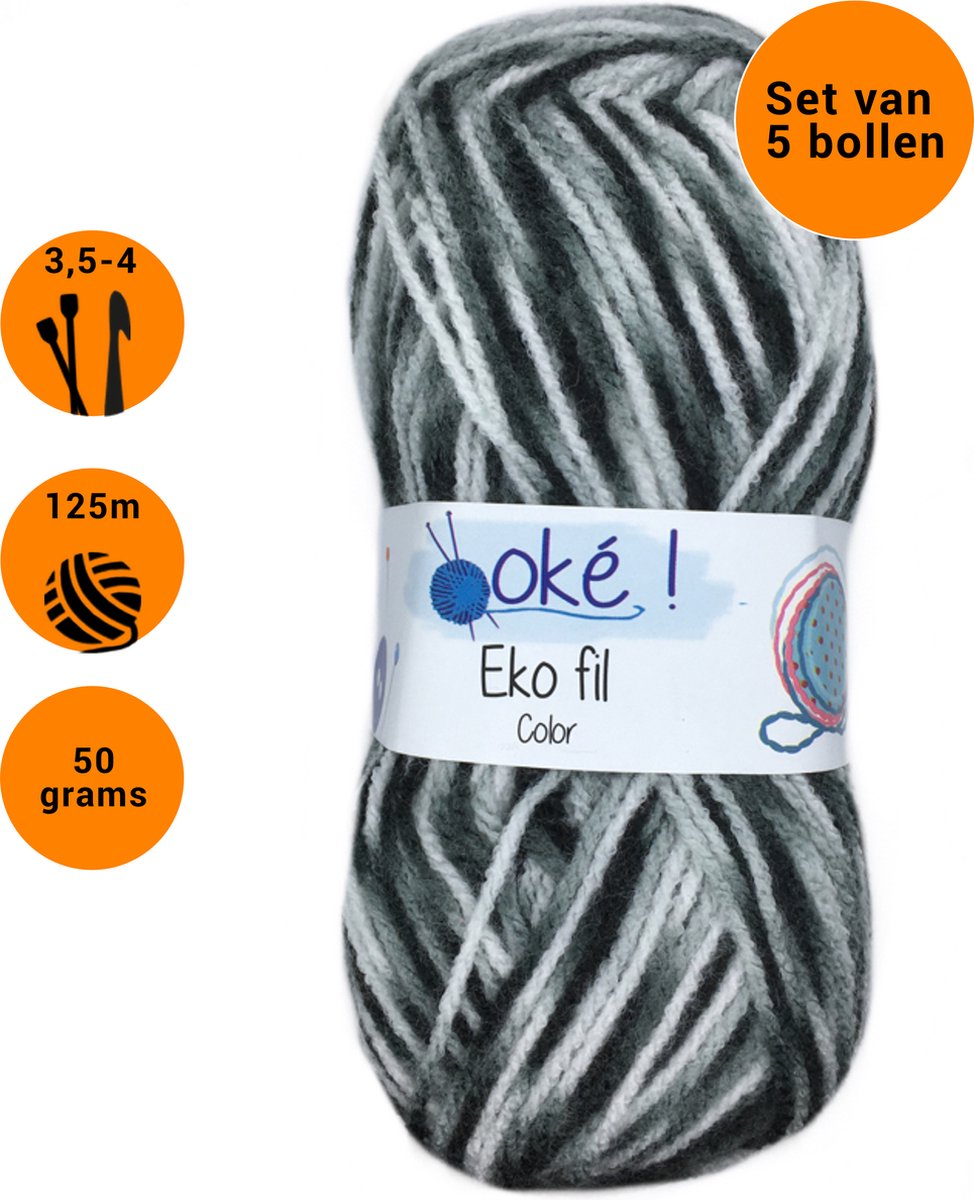 Eko fil - 5 bollen zwart/ grijs (320) - gemêleerd acryl garen - pendikte 3,5/4 mm.