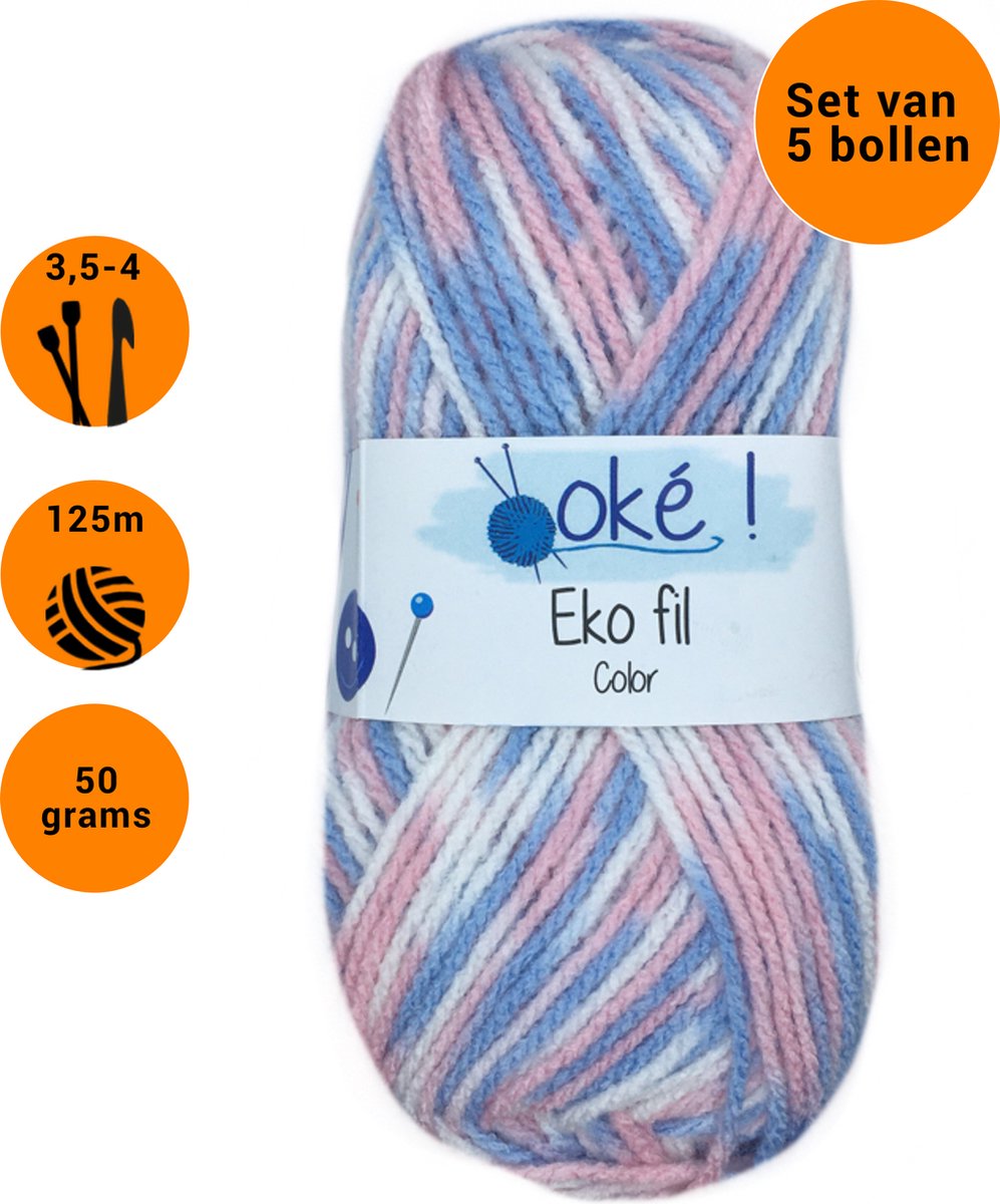 Eko fil - 5 bollen zachte pastelkleuren(326) - gemêleerd acryl garen - pendikte 3,5/4 mm.