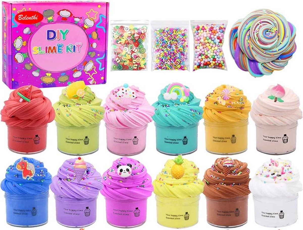 Fluffy slijm met extra accessoires voor ultiem speelgenot- Fluffy slime - slijm pakket 12 x 50 ml - slijm kit - Butter slime