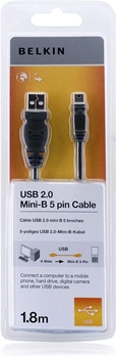 Belkin USB 2.0 A/Mini USB B, 1.8m 1.8m USB A Mini-USB B Mannelijk Mannelijk Zwart USB-kabel