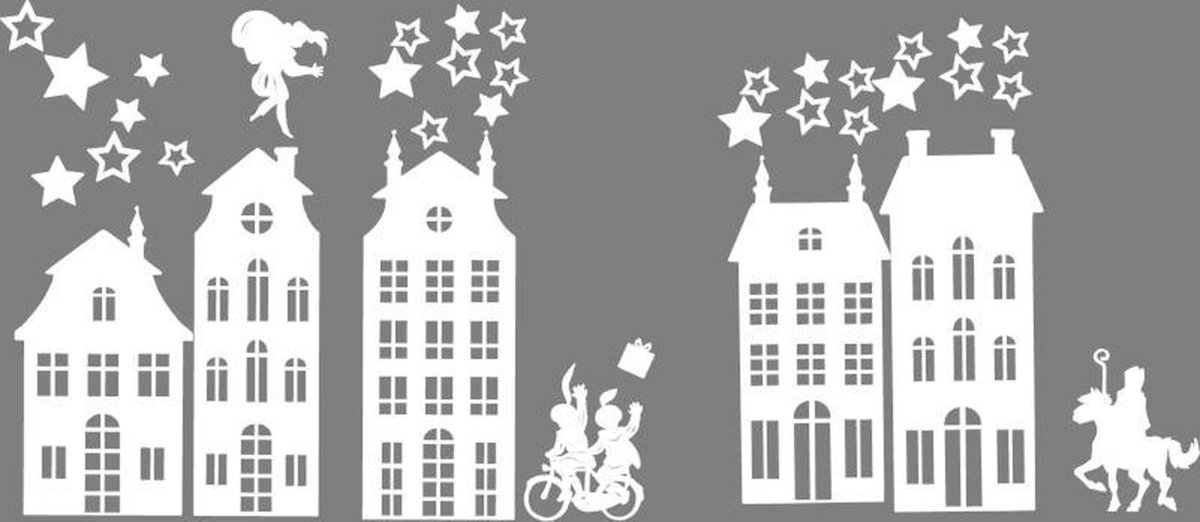 Raamsticker - Sint, Kerst en oud en nieuw - Huisjes - Straat - Sinterklaas decoratie - Kerst decoratie - Oud jaar decoratie - Wit