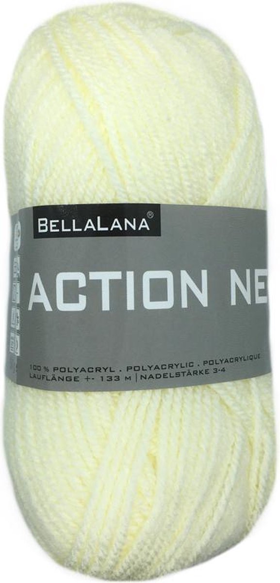 Bellalana Action new acryl garen - creme / zacht geel - pendikte 3 a 4mm - 1 bol van 50 gram