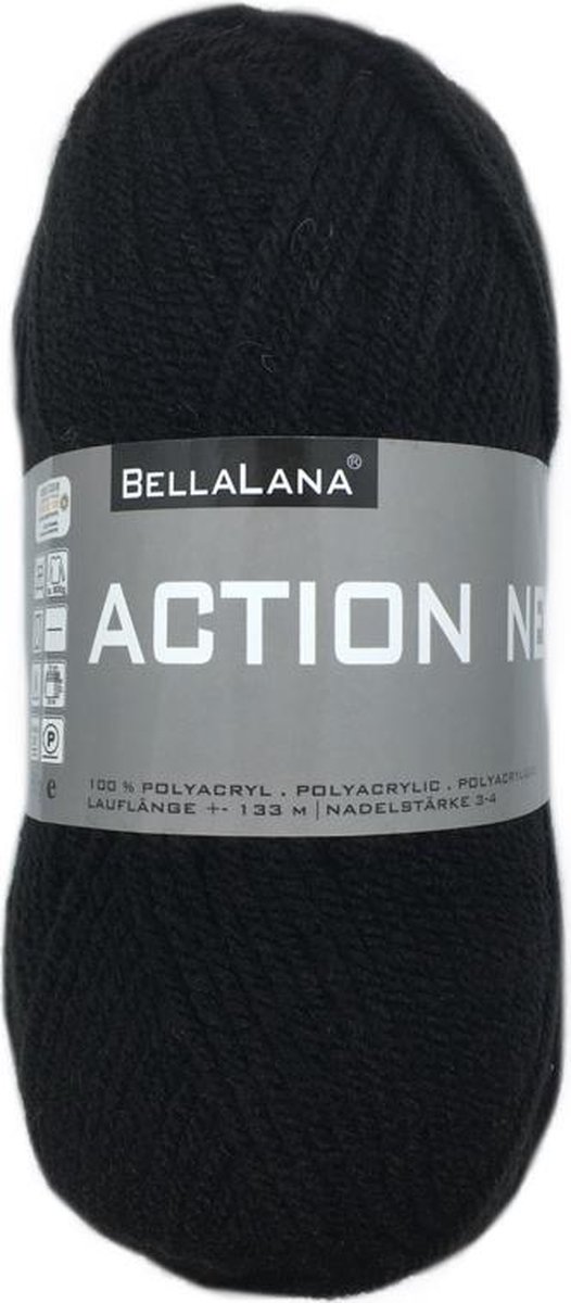 Bellalana Action new acryl garen - zwart - pendikte 3 a 4mm - 1 bol van 50 gram