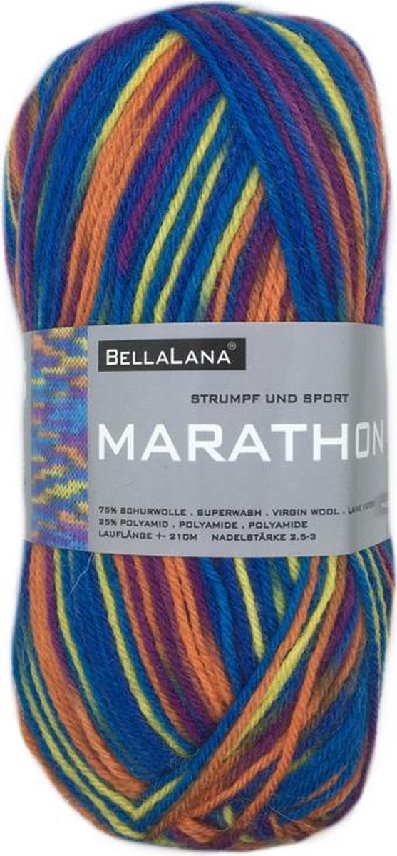 Bellalana gemêleerd sokkenwol Marathon - wol en acryl garen - blauw oranje geel (400) - pendikte 2,5 a 3mm - 1bol