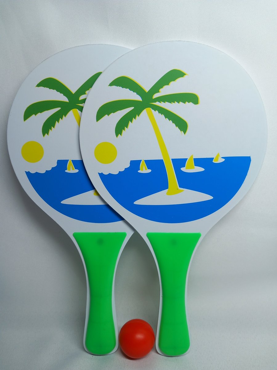 Beachball set - Hout - Kunststof - Strand - Buiten Spelen - Outdoor - Camping - Vakantie - Tennis Ballenspel - Rackets/Batjes en Bal - Groen