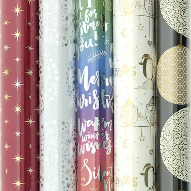 Assortiment Kerstpapier cadeaupapier inpakpapier voor Kerstmis HO598 - 3 meter x 70 cm - 5 rollen