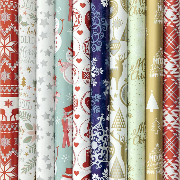   cadeaupapier - Assortiment inpakpapier voor kerst kerstpapier K23 - 2 meter x 70 cm - 10 rollen