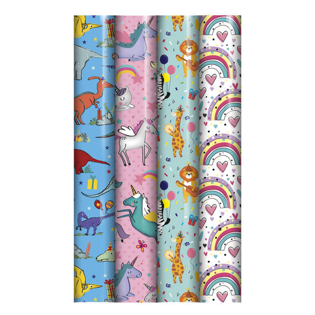 Dieren cadeaupapier - Inpakpapier voor kinderen - 300 x 70 cm - 4 rollen