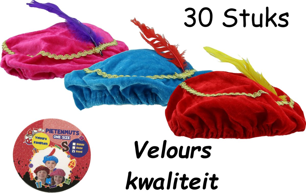 Pieten Muts -  Barret – Velours – One Size – 3 Assorti Kleuren – 30 Stuks