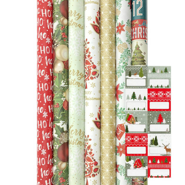 Präsenta assortiment luxe kerstcadeaupapier inpakpapier K633 - 200 x 70 cm - 7 rollen Inclucief 20 naamlabels