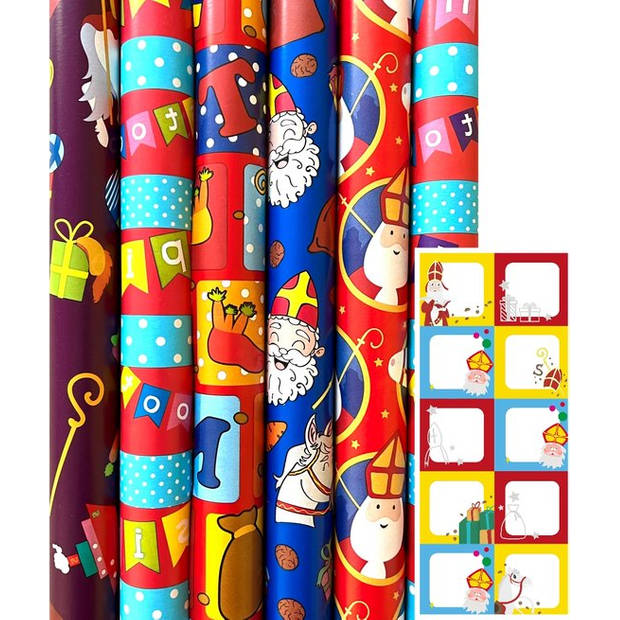 Sinterklaas Sint Inpakpapier   - 70 cm x 3 meter - 12 rollen - Incl. 20 naamsticker