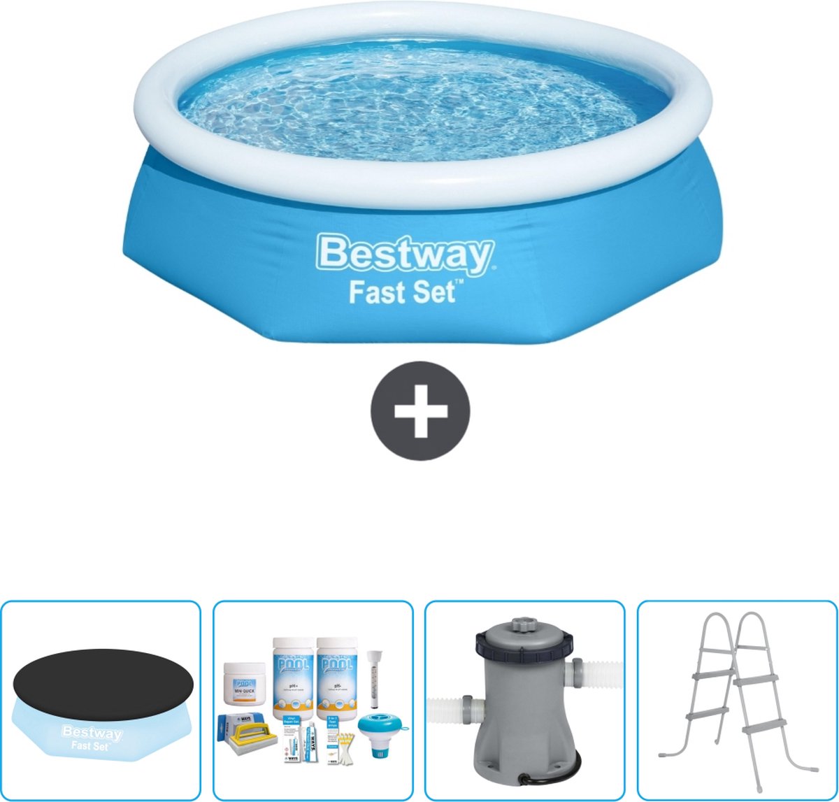 Bestway Rond Opblaasbaar Fast Set Zwembad - 244 x 61 cm - Blauw - Inclusief Afdekzeil - Onderhoudspakket - Pomp - Ladder