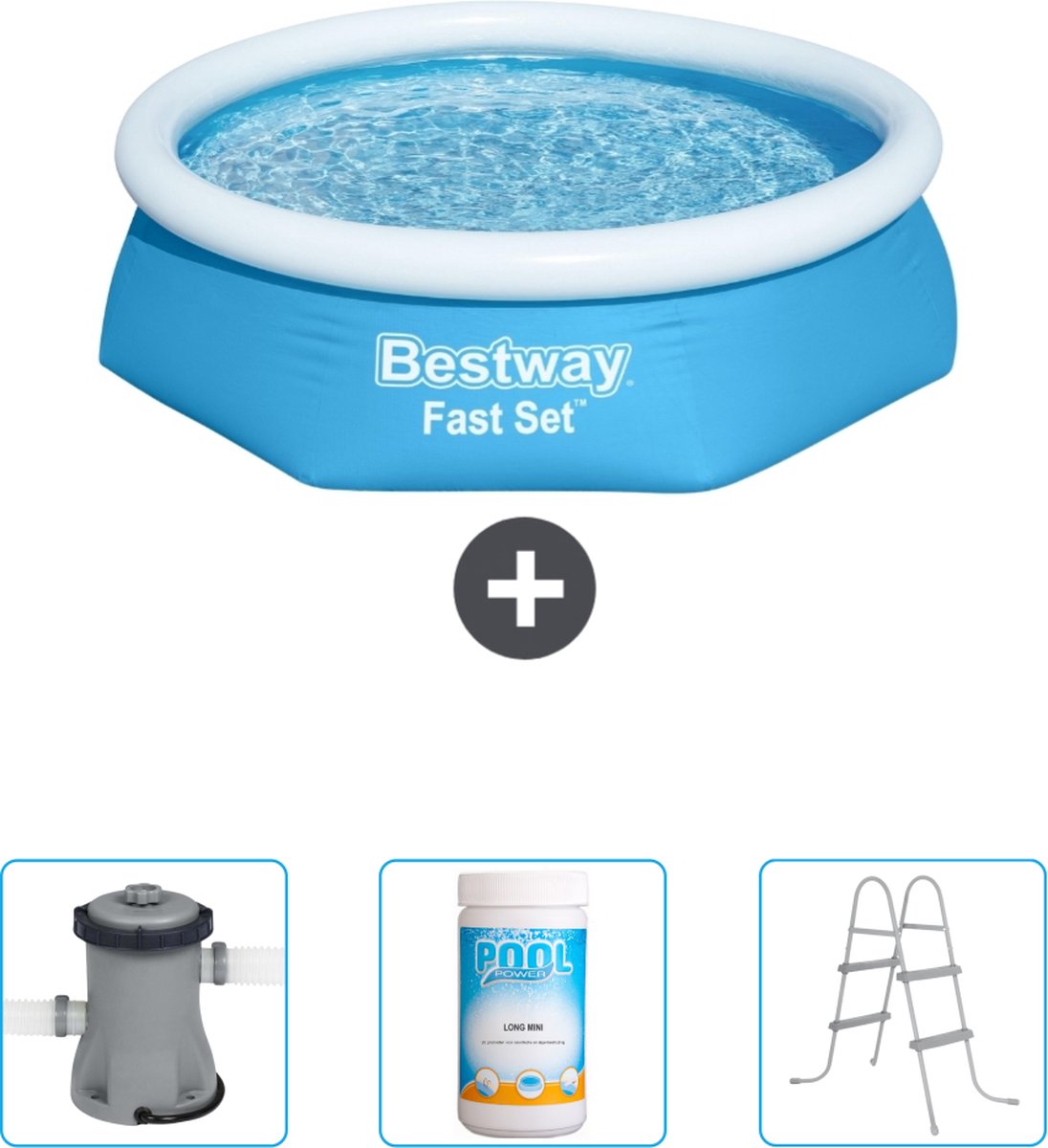 Bestway Rond Opblaasbaar Fast Set Zwembad - 244 x 61 cm - Blauw - Inclusief Pomp - Chloor - Ladder