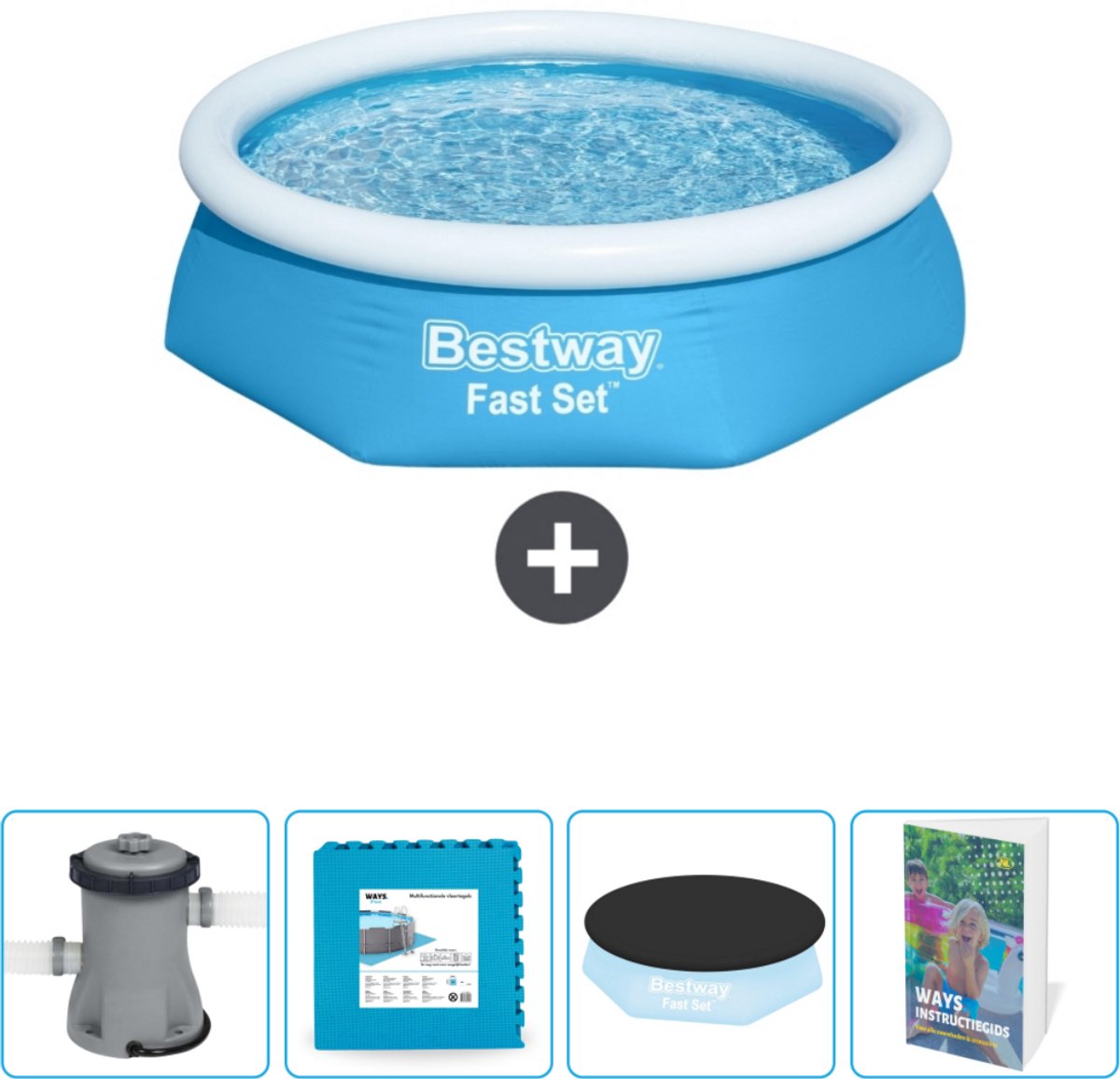 Bestway Rond Opblaasbaar Fast Set Zwembad - 244 x 61 cm - Blauw - Inclusief Pomp - Vloertegels - Afdekzeil - Zwembadgids