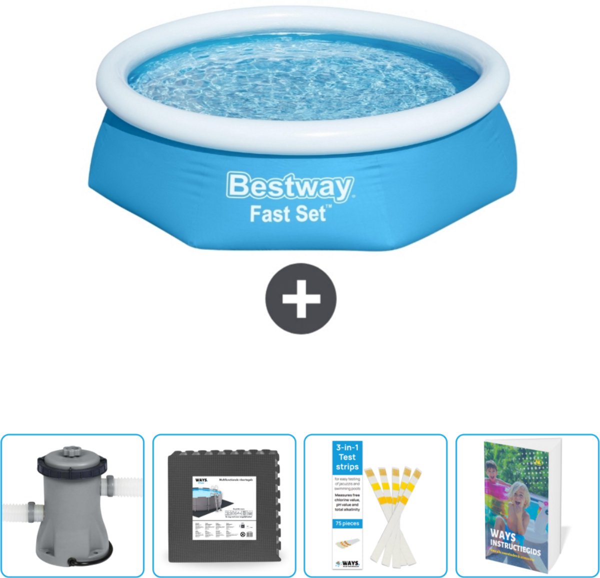 Bestway Rond Opblaasbaar Fast Set Zwembad - 244 x 61 cm - Blauw - Inclusief Pomp - Vloertegels - Testrips - Zwembadgids