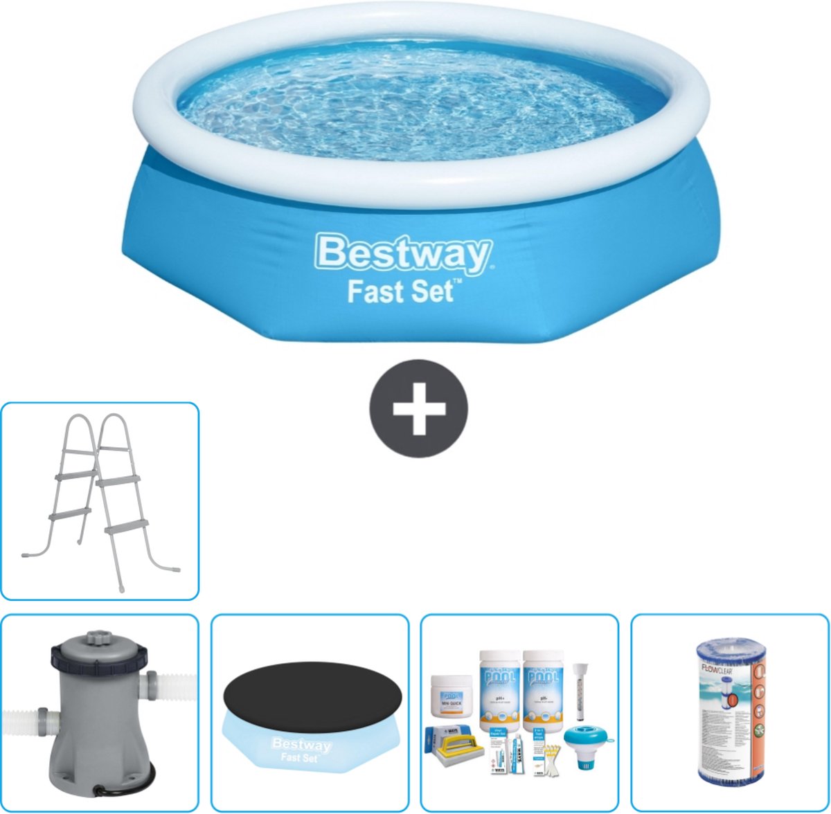 Bestway Rond Opblaasbaar Fast Set Zwembad - 244 x 61 cm - Blauw - Inclusief Pomp Afdekzeil - Onderhoudspakket - Filter - Ladder