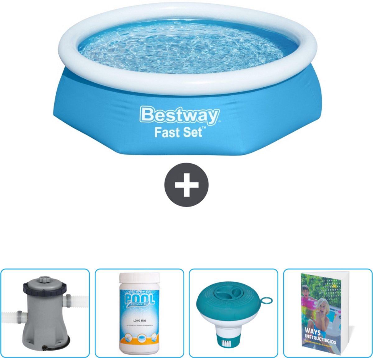 Bestway Rond Opblaasbaar Fast Set Zwembad - 244 x 61 cm - Blauw - Inclusief Pomp Chloor - Chloordrijver - Zwembadgids