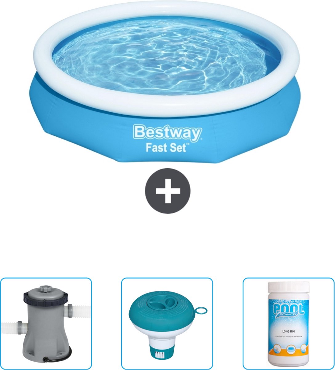 Bestway Rond Opblaasbaar Fast Set Zwembad - 305 x 66 cm - Blauw - Inclusief Pomp - Chloordrijver - Chloor