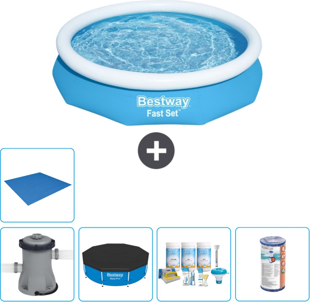Bestway Rond Opblaasbaar Fast Set Zwembad - 305 x 66 cm - Blauw - Inclusief Pomp Afdekzeil - Onderhoudspakket - Filter - Grondzeil