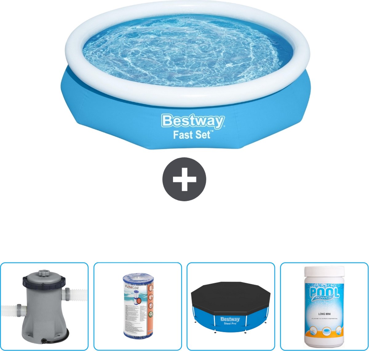 Bestway Rond Opblaasbaar Fast Set Zwembad - 305 x 66 cm - Blauw - Inclusief Pomp Filter - Afdekzeil - Chloor