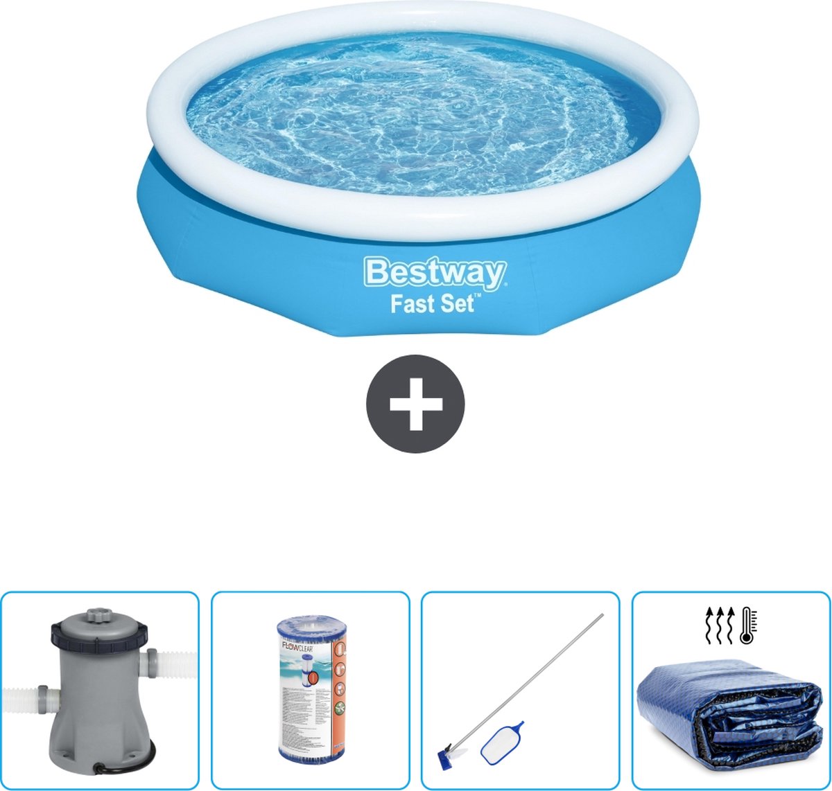 Bestway Rond Opblaasbaar Fast Set Zwembad - 305 x 66 cm - Blauw - Inclusief Pomp Filter - Schoonmaakset - Solarzeil