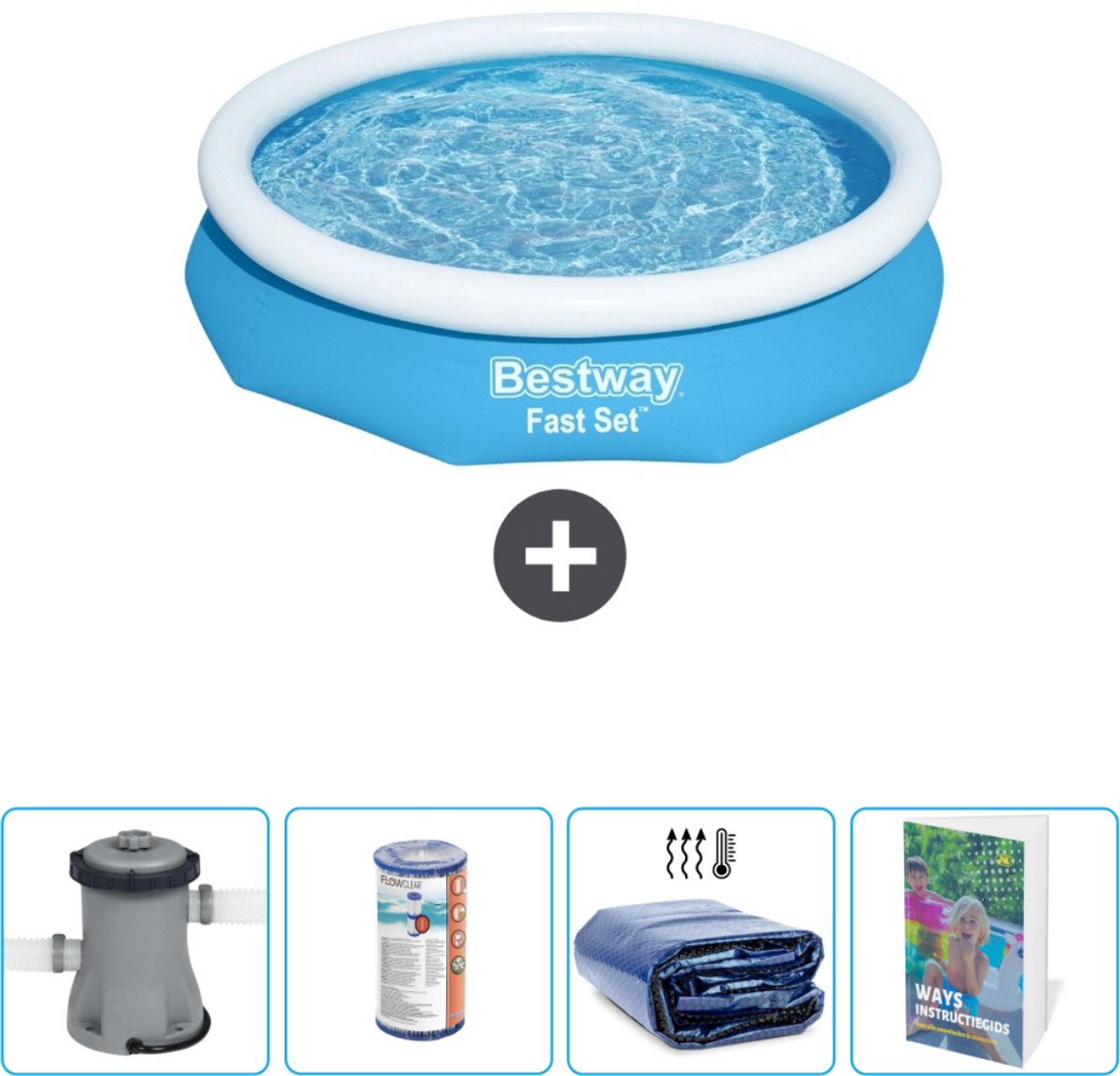 Bestway Rond Opblaasbaar Fast Set Zwembad - 305 x 66 cm - Blauw - Inclusief Pomp Filter - Solarzeil - Zwembadgids