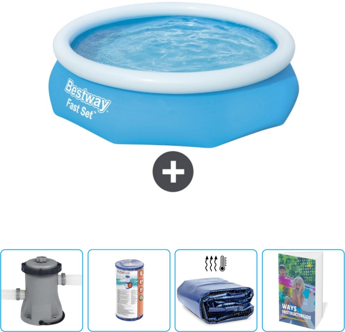 Bestway Rond Opblaasbaar Fast Set Zwembad - 305 x 76 cm - Blauw - Inclusief Pomp - Filter - Solarzeil - Zwembadgids