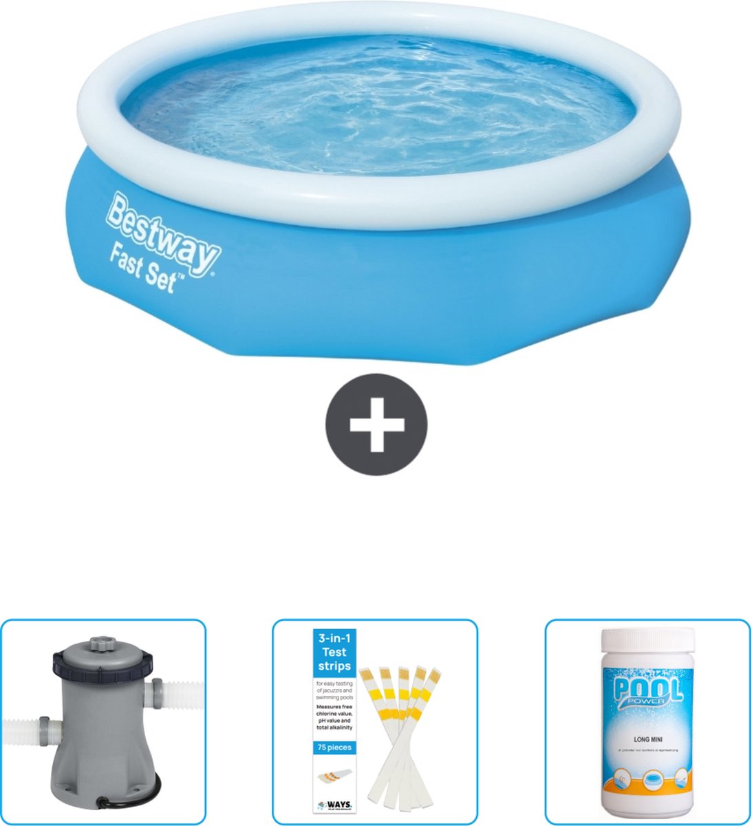Bestway Rond Opblaasbaar Fast Set Zwembad - 305 x 76 cm - Blauw - Inclusief Pomp - Testrips - Chloor