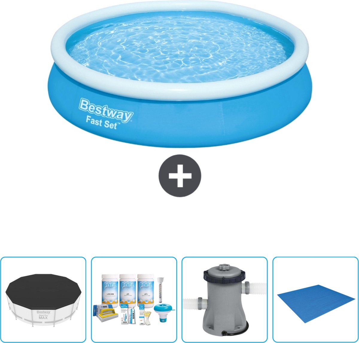 Bestway Rond Opblaasbaar Fast Set Zwembad - 366 x 76 cm - Blauw - Inclusief Afdekzeil - Onderhoudspakket - Pomp - Grondzeil