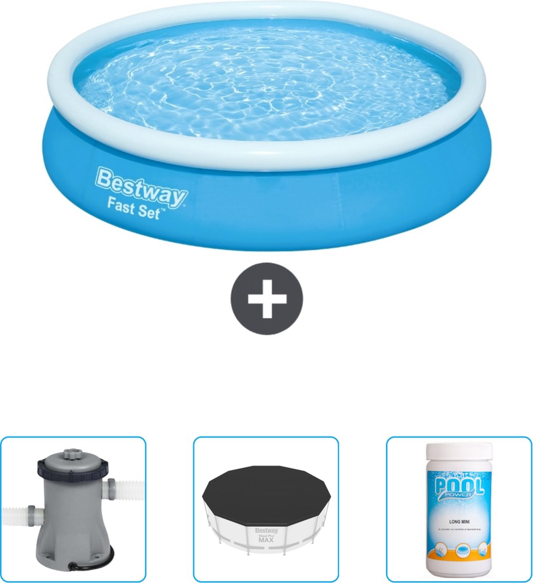 Bestway Rond Opblaasbaar Fast Set Zwembad - 366 x 76 cm - Blauw - Inclusief Pomp - Afdekzeil - Chloor