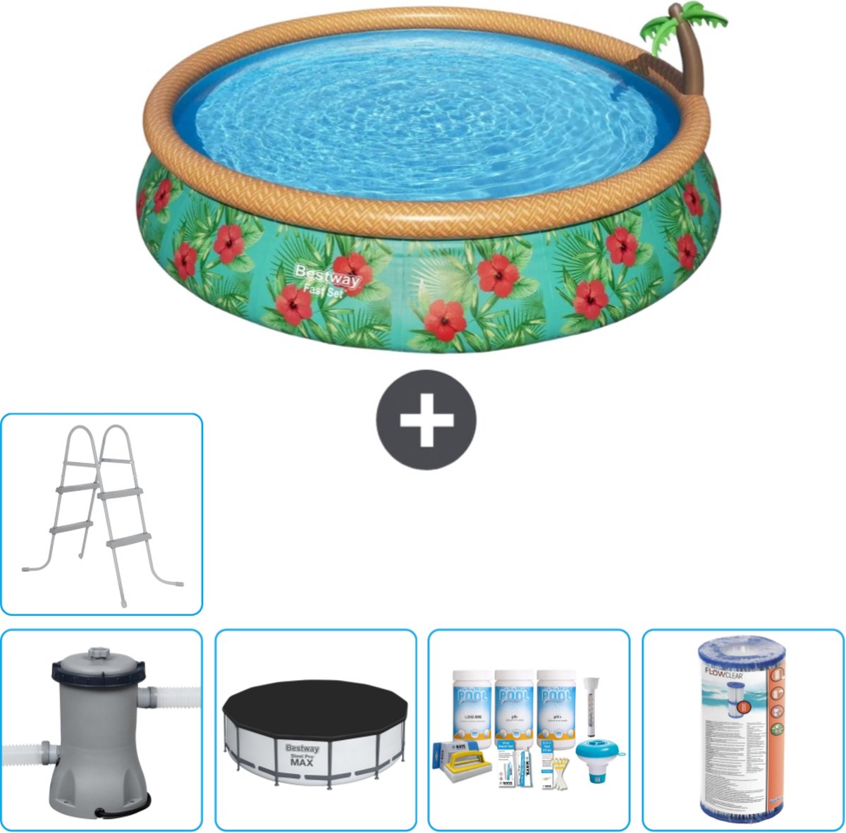 Bestway Rond Opblaasbaar Fast Set Zwembad - Paradijsprint - 457 x 84 cm - Inclusief Pomp Afdekzeil - Onderhoudspakket - Filter - Ladder