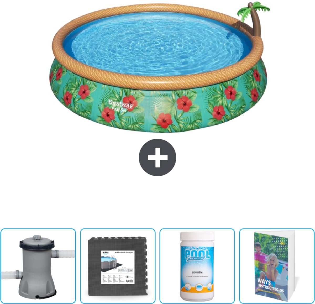 Bestway Rond Opblaasbaar Fast Set Zwembad - Paradijsprint - 457 x 84 cm - Inclusief Pomp Vloertegels - Chloor - Zwembadgids