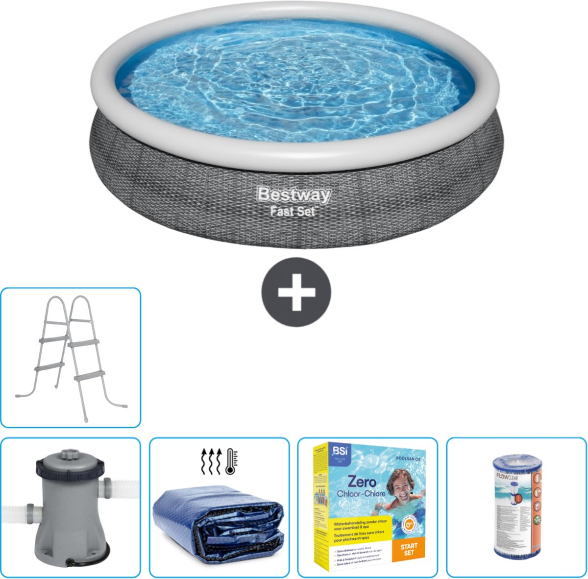 Bestway Rond Opblaasbaar Fast Set Zwembad - Rotanprint - 366 x 76 cm - Inclusief Pomp Solarzeil - Onderhoudspakket - Filter - Ladder