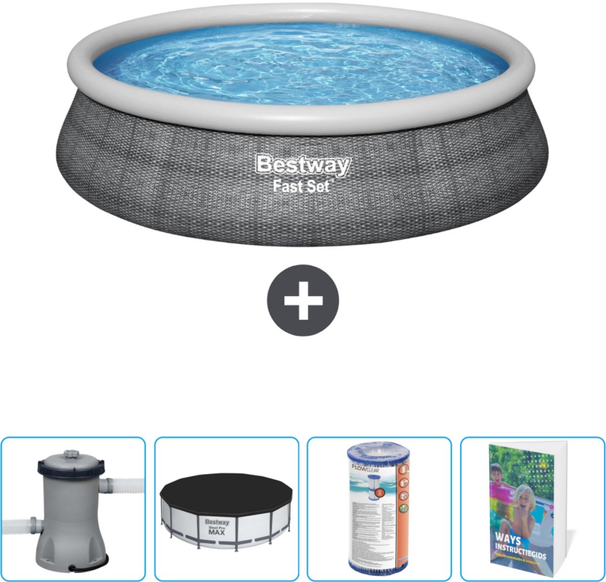 Bestway Rond Opblaasbaar Fast Set Zwembad - Rotanprint - 457 x 84 cm - Inclusief Pomp Afdekzeil - Filter - Zwembadgids
