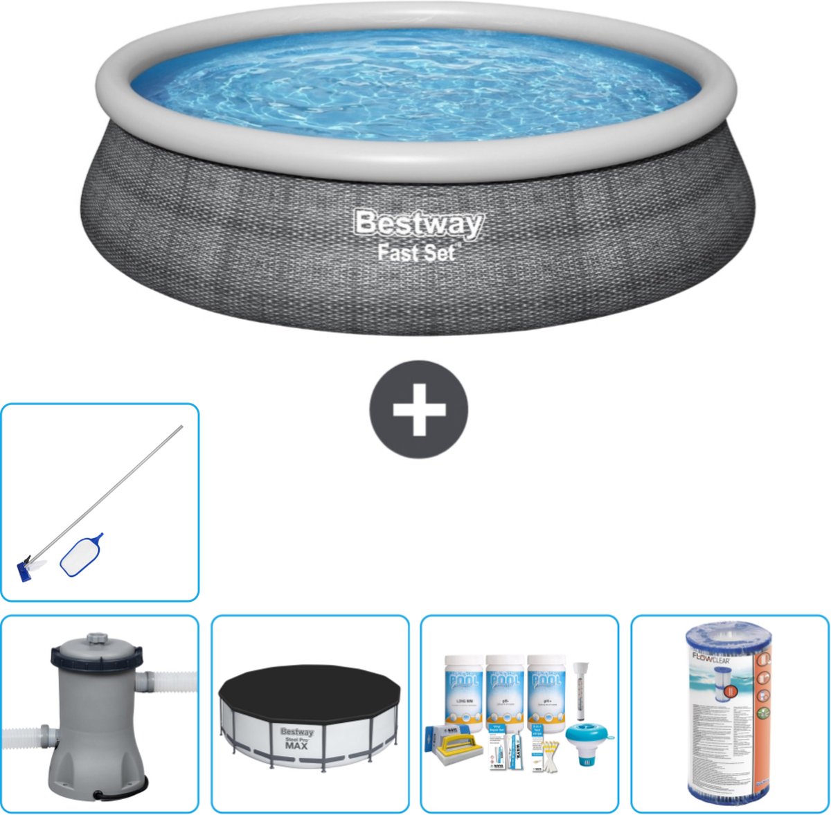 Bestway Rond Opblaasbaar Fast Set Zwembad - Rotanprint - 457 x 84 cm - Inclusief Pomp Afdekzeil - Onderhoudspakket - Filter - Schoonmaakset