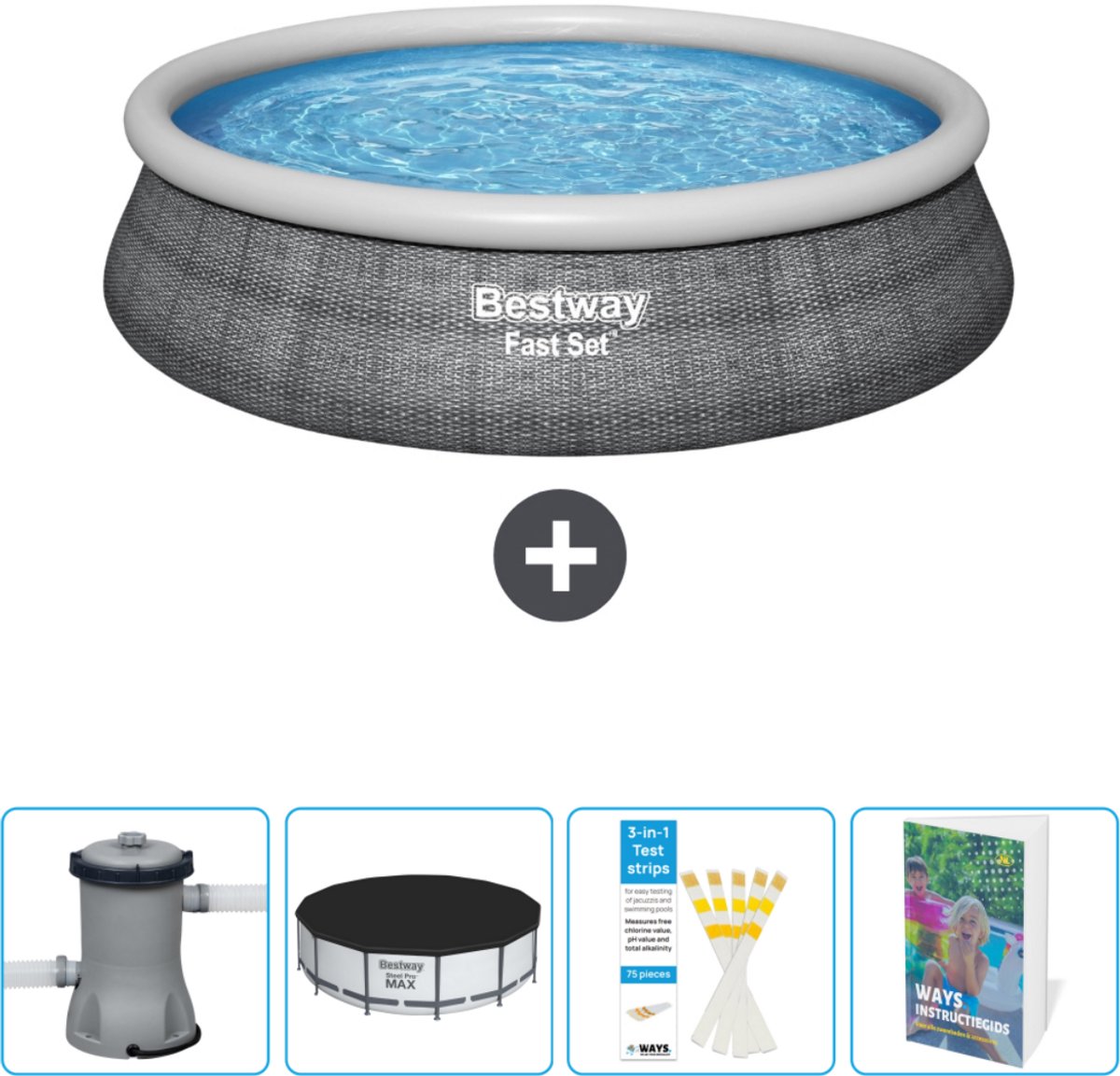 Bestway Rond Opblaasbaar Fast Set Zwembad - Rotanprint - 457 x 84 cm - Inclusief Pomp Afdekzeil - Testrips - Zwembadgids