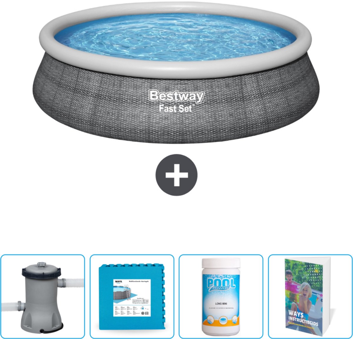 Bestway Rond Opblaasbaar Fast Set Zwembad - Rotanprint - 457 x 84 cm - Inclusief Pomp Vloertegels - Chloor - Zwembadgids