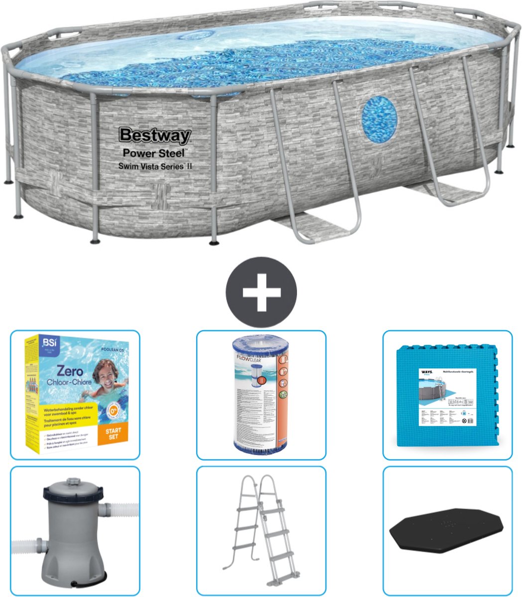 Bestway Ovaal Power Steel Swim Vista Zwembad - Steenprint - 427 x 250 x 100 - Inclusief Pomp - Ladder - Afdekzeil Onderhoudspakket - Filter - Vloertegels