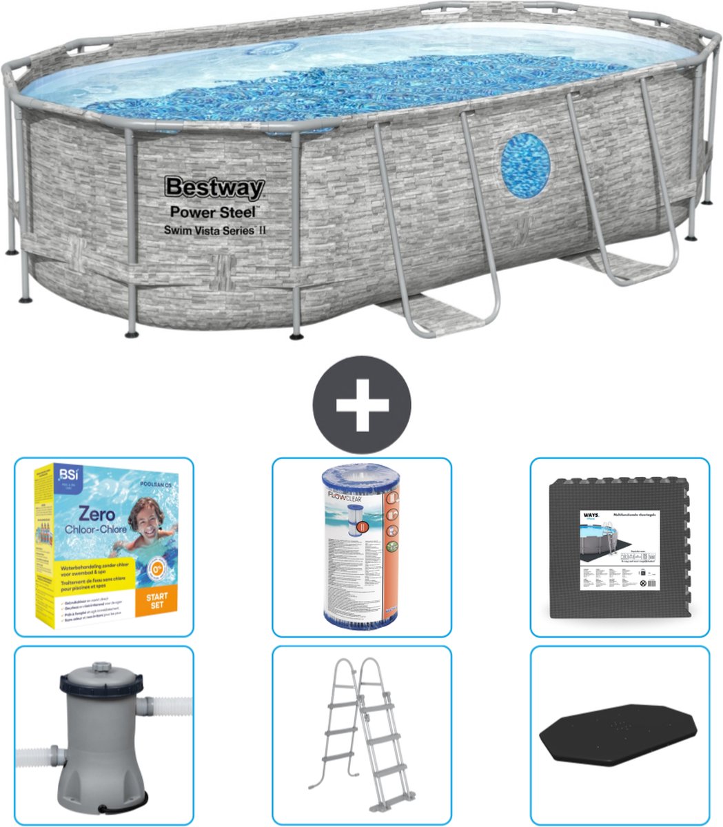 Bestway Ovaal Power Steel Swim Vista Zwembad - Steenprint - 427 x 250 x 100 - Inclusief Pomp - Ladder - Afdekzeil Onderhoudspakket - Filter - Vloertegels