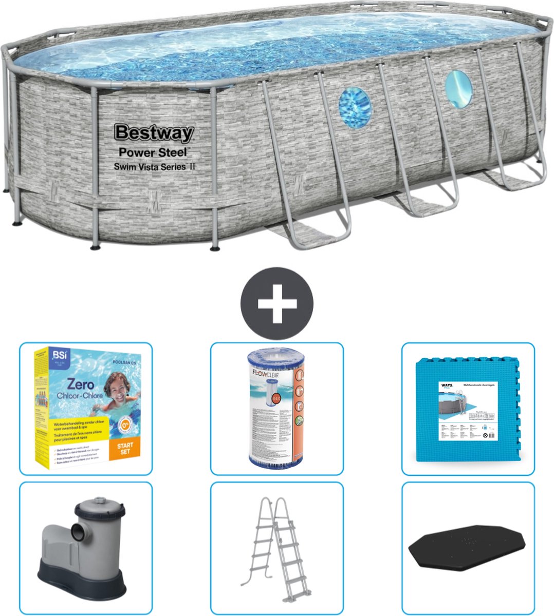 Bestway Ovaal Power Steel Swim Vista Zwembad - Steenprint - 549 x 274 x 122 - Inclusief Pomp - Ladder - Afdekzeil Onderhoudspakket - Filter - Vloertegels