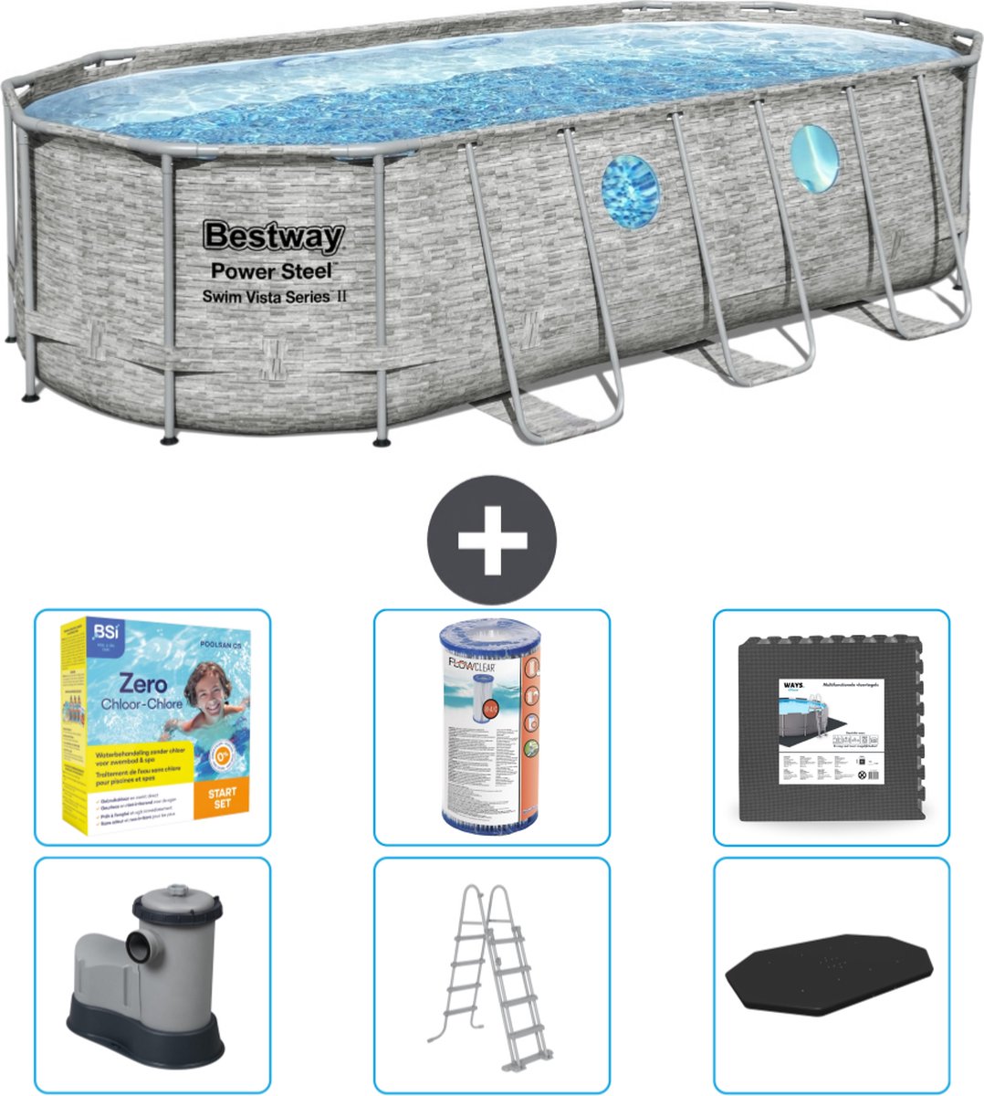 Bestway Ovaal Power Steel Swim Vista Zwembad - Steenprint - 549 x 274 x 122 - Inclusief Pomp - Ladder - Afdekzeil Onderhoudspakket - Filter - Vloertegels