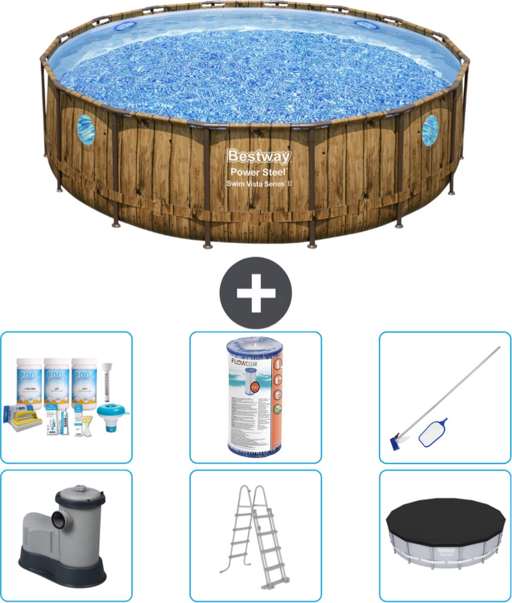 Bestway Rond Power Steel Swim Vista Zwembad - Houtprint - 488 x 122 - Inclusief Pomp - Ladder - Afdekzeil Onderhoudspakket - Filter - Schoonmaakset