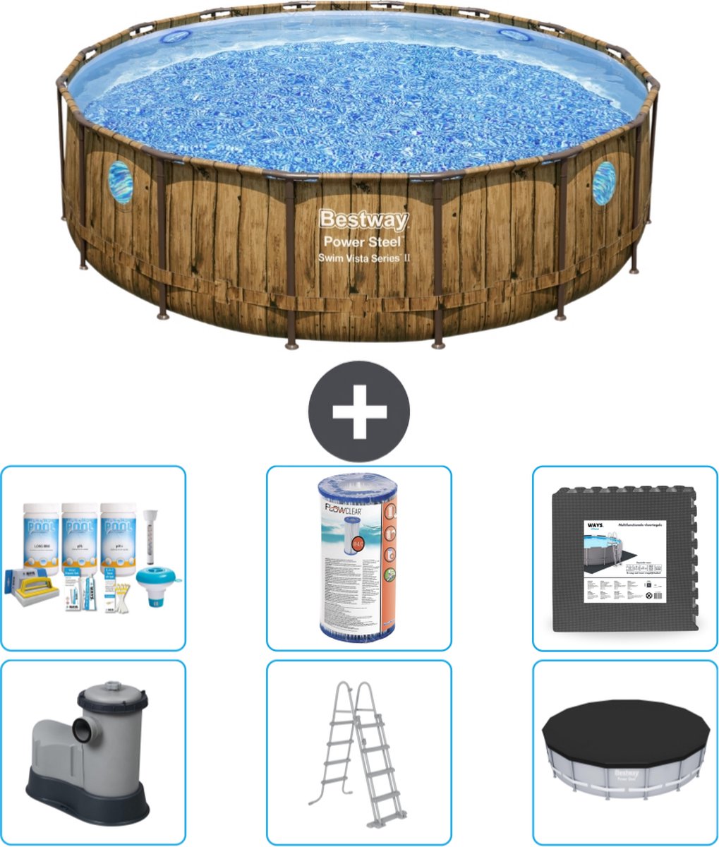 Bestway Rond Power Steel Swim Vista Zwembad - Houtprint - 488 x 122 - Inclusief Pomp - Ladder - Afdekzeil Onderhoudspakket - Filter - Vloertegels