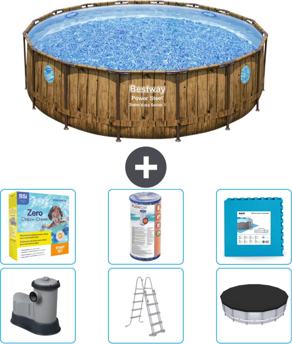 Bestway Rond Power Steel Swim Vista Zwembad - Houtprint - 488 x 122 - Inclusief Pomp - Ladder - Afdekzeil Onderhoudspakket - Filter - Vloertegels