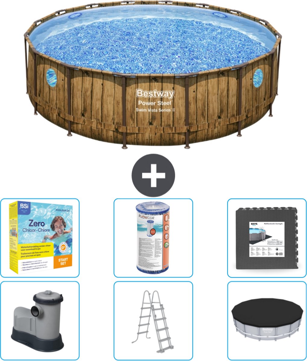 Bestway Rond Power Steel Swim Vista Zwembad - Houtprint - 488 x 122 - Inclusief Pomp - Ladder - Afdekzeil Onderhoudspakket - Filter - Vloertegels