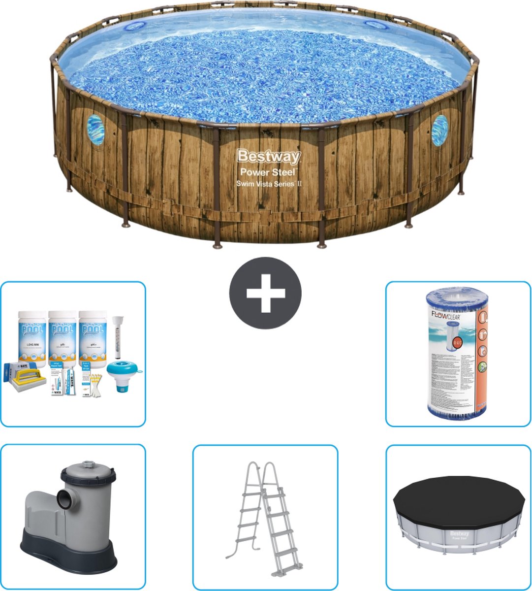 Bestway Rond Power Steel Swim Vista Zwembad - Houtprint - 488 x 122 - Inclusief Pomp - Ladder - Afdekzeil Onderhoudspakket - Filter